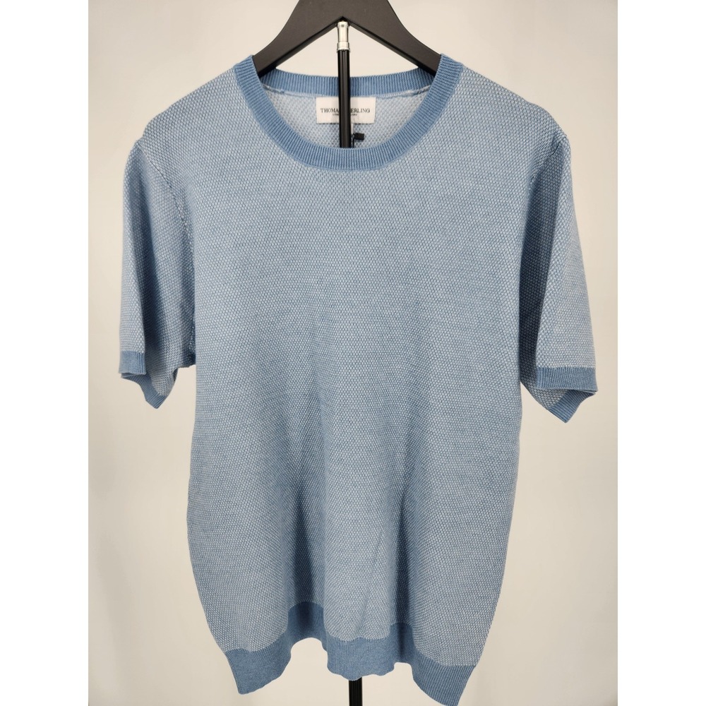 Thomas Sterling Mens Blue Textured Knit Short Sleeve Crew Neck Sweater Sz L NWT